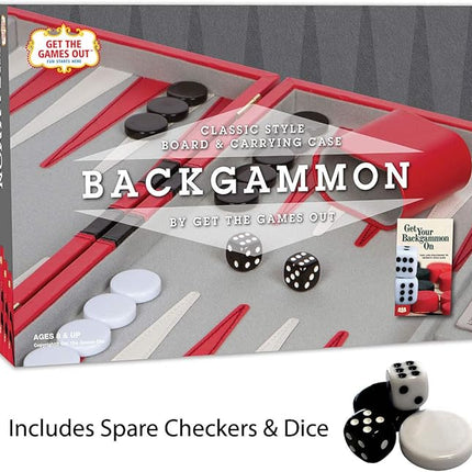 Get The Games Out Backgammon Set, Classic Board Game Case, 2 Players, Includes Strategy & Tip Guide, Perfect for Parties and Family Game Nights - Small, Red
