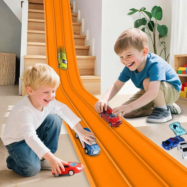 3-Lane Flexible Race Track for Kids 15ft Race Car Track Compatible with Hot Wheels, Matchbox and Diecast 1/64 Scale Cars, Flexible Car Track Race Ramp Toy with Strong Suction Cups