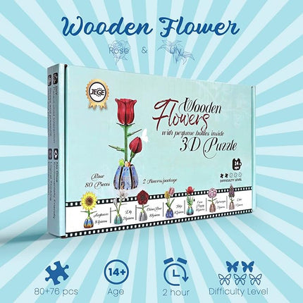 Jege 3D Flowers Wooden Puzzles for Adults,DIY Wooden 2 Flowers per Kit Building Set for Home Decor, Creative Craft Gift Toys Kits with 2 Perfume Bottles and Diffuser Sticks (Rose + Lily)