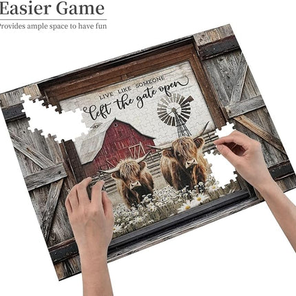 Highland Cow Jigsaw Puzzles 500 Pieces for Adults, Farm Animal & Daisies Country Scene, Rustic Window View Wooden Puzzle, Relaxing Nature Art & Farmhouse Decor Gift