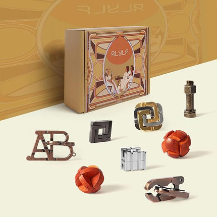 8 Pcs Brain Teaser Puzzles Favor Educational Toys Mind Puzzles Ancient Wooden and Metal 3D Unlock Interlock IQ Puzzles Box Game