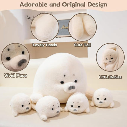 Seal Stuffed Animals with 4 Babies Plushies,16inch White Pillow Christmas Thanksgiving Gift for Kids Boyds and Girls