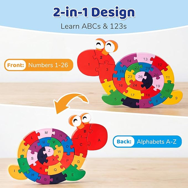 LovesTown Wooden Puzzles for Kids, Double Sided Snail Jigsaw with Alphabet & Numbers, Montessori Educational Toy for Toddlers, Chunky Animal Gift