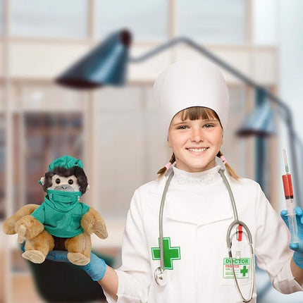 DolliBu Squirrel Monkey Doctor Plush Toy - Super Soft Squirrel Monkey Doctor Stuffed Animal Dress Up with Cute Scrub Uniform and Cap Outfit with Personalization - 12.5 Inch