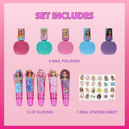 Barbie Cosmetic Makeup Set for Girls with Super Sparkly Lip Gloss Nail Polish and Nail Stickers 11 Pieces, Perfect for Parties Sleepovers Makeovers, Birthday Holiday Gift, Ages 3+, By Townley Girl