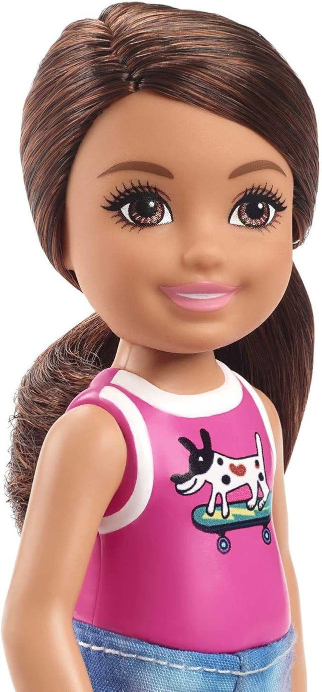 Barbie Chelsea Doll (6-inch Brunette) Wearing Sparkly Skirt, Molded Unicorn Top & Green Shoes, Gift for 3 to 7 Year Olds