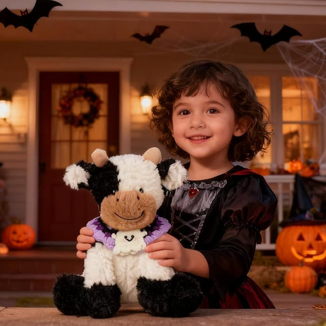 Hopearl Adorable Halloween Plush Cow Toy with Knitted Cute Ghost Bib Floppy Dairy Cattle Soft Stuffed Animal Gifts for Boys Girls Kids Toddlers, 9''