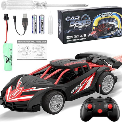 1/18 RC Car for Kids with Rechargeable Battery, LED Lights & Spray - Remote Control Car for Boys, Small RC Drift Cars for Ages 4-7 (Black & Red)