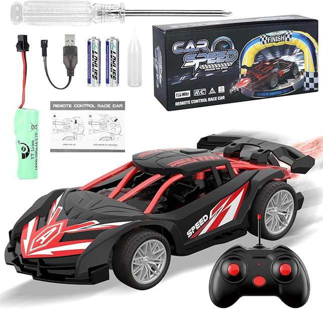 1/18 RC Car for Kids with Rechargeable Battery, LED Lights & Spray - Remote Control Car for Boys, Small RC Drift Cars for Ages 4-7 (Black & Red)