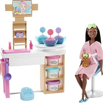 Barbie Face Mask Spa Day Playset with Brunette Doll, Puppy, Toy Spa Station with 4 Molds, 3 Tubs of Barbie Dough & 10+ Accessories to Create & Remove Face Blemishes on Doll & Puppy, for Kids