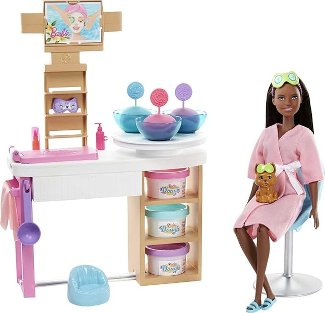 Barbie Face Mask Spa Day Playset with Brunette Doll, Puppy, Toy Spa Station with 4 Molds, 3 Tubs of Barbie Dough & 10+ Accessories to Create & Remove Face Blemishes on Doll & Puppy, for Kids