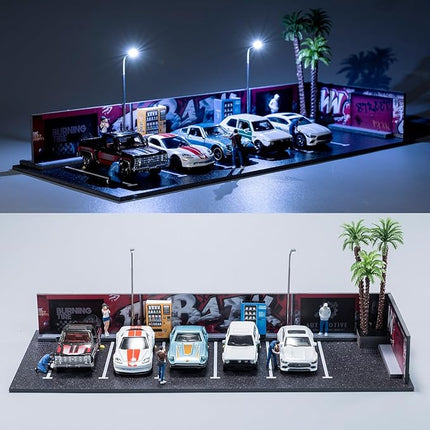 1/64 Diorama Garage, Garage and Display Case for Model Car, Scenic Diorama Display Car Park with 2 LED Street Lamps and 5 Outdoor Parking Spaces (American-Style Garage)