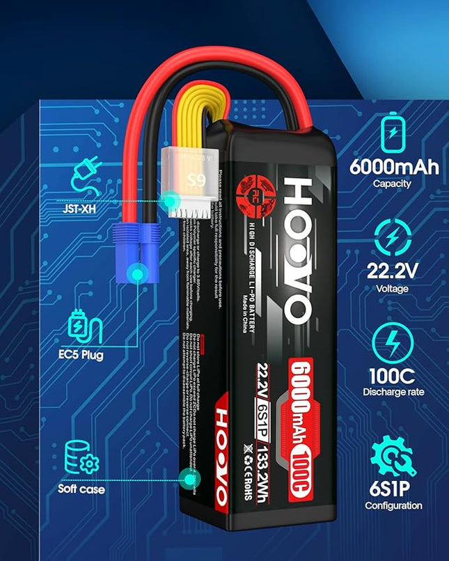 HOOVO 22.2V 6S LiPo Battery 6000mAh 100C Softcase RC Battery for RC Quadcopter Truck Boat Airplane Helicopter RC Vehicle(2 Pack)