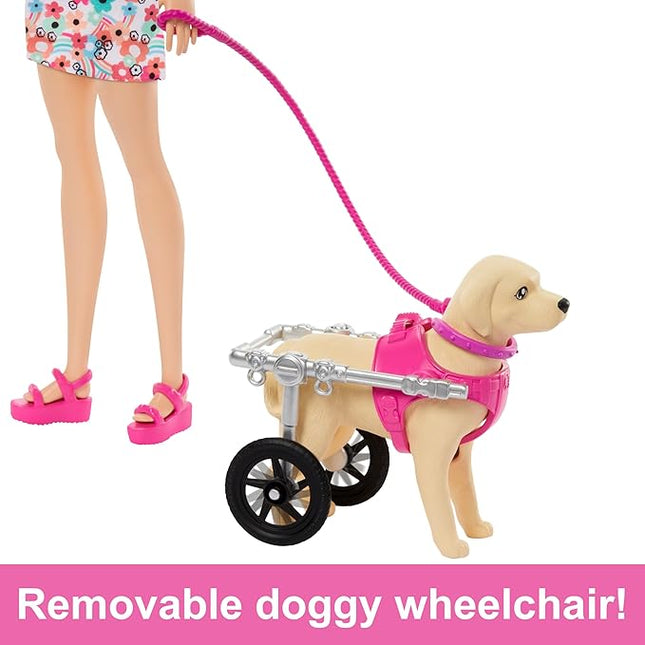 Barbie Doll with 2 Toy Dogs & Pet Accessories, 1 Pup in a Removable Wheelchair with Rolling Wheels, 10+ Piece Set