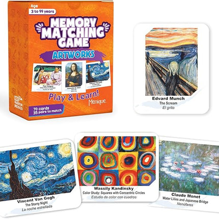 Menique Memory Matching Game – Famous Paintings for Adults & Kids – 70 Cards (35 Pairs) – Bilingual Art Game – Educational & Concentration Activity