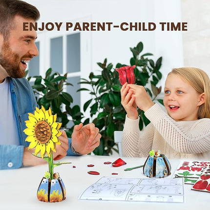 Jege 3D Flowers Wooden Puzzles for Adults,DIY Wooden 2 Flowers per Kit Building Model Set for Home Decor,Ideal Creative Craft Gift Build Kits Toys with 2 Perfume Bottles (Rose + Sun Flower)