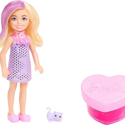 Barbie Party Unboxed Chelsea Doll Set, Glam Party Series with 6 Surprises Including Pet & Color Change (Styles May Vary)