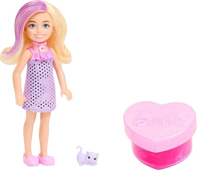 Barbie Party Unboxed Chelsea Doll Set, Glam Party Series with 6 Surprises Including Pet & Color Change (Styles May Vary)