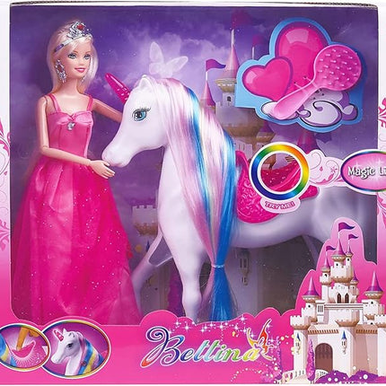 White Unicorn with Magic Light Horn and Fairy Tale Princess Doll 11.5“, W/Comb and Crystal Crown, Girls' Unicorn Doll Toys Gifts, Presents for Girl Kids Aged 3+