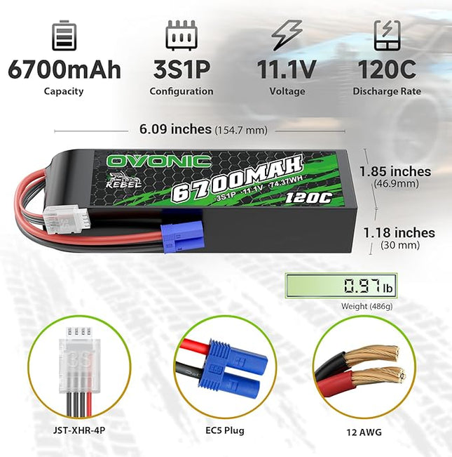 OVONIC 11.1V 120C 6700mAh 3S Lipo Battery with EC5 Plug for RC Car Boat Truck Helicopter Airplane Racing Models
