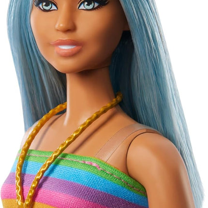 Barbie Fashionistas Doll #218 with Long Blue Hair Wearing Removable Rainbow Top & Teal Skirt, 65th Anniversary Collectible Toy