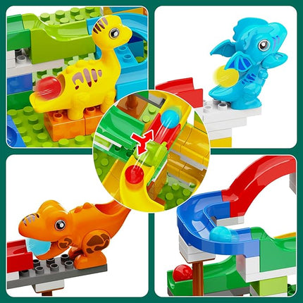 Dinosaur Marble Run Building Blocks STEM Toys for Kids Ages 3-8 | 127 Pcs Construction Set with 3 Dinos & Ball Run Track, 4 in 1 Modular Design Learning Toys for Boys Girls, Christmas Birthday Gift