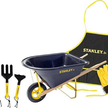 Stanley Jr. Kids Wheelbarrow Set – 6-Piece Durable Toddler Wheelbarrow & Garden Tools – Child Outdoor Toy for Ages 3+ – Fun, Educational Backyard Play with Apron, Gloves & Tools