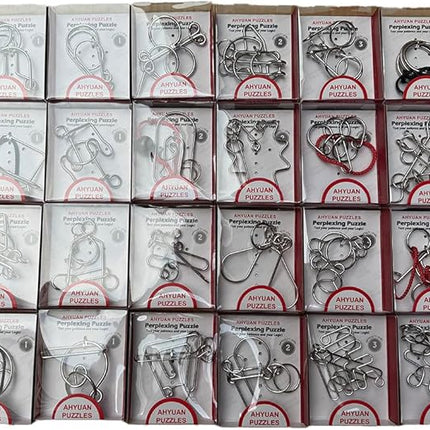 AHYUAN 24 Packs Large Metal Puzzles Brain Teaser IQ Wire Puzzles with Individual Backside Solution Paper Box Gift Package Educational Puzzle Games Toys Magic Trick Toy Party Favors for Kids Adults