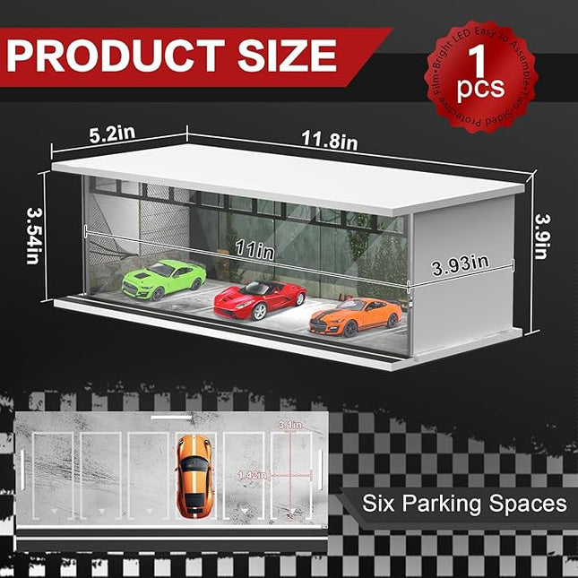 1/64 Scale Diecast Display Case for Hot Wheels Matchbox Cars, Toy Car Model Mini Garage with LED Light and Acrylic Cover, Stackable Parking Lot Diorama Storage for Collection Present