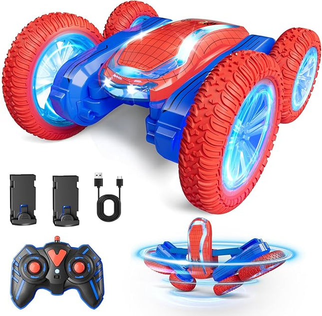Remote Control Car, Sunt RC Cars for Kids Boys Girls 4-6 7-12 RTR 4WD with 360 Rotation, Double Sided, LED Lights, Music, 2.4Ghz 4, 2 Rechargable Batteries 40Mins Play Christmas Toy Gifts