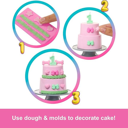 Barbie Party Unboxed Doll & Accessories, Pet Birthday Series Shimmerin’ Hearts Set with 10 Surprises Including Color Change & Cake-Decorating Activity