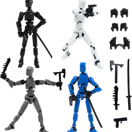 4PCS Assembled Titan T-13 Action Figures Set - Robot Action Figure Fidget Toys for Boys Lucky Dummy Nova N13 Anime Figures with Multi Movable Joints Toys for Kids (White+Black+Grey+Blue)