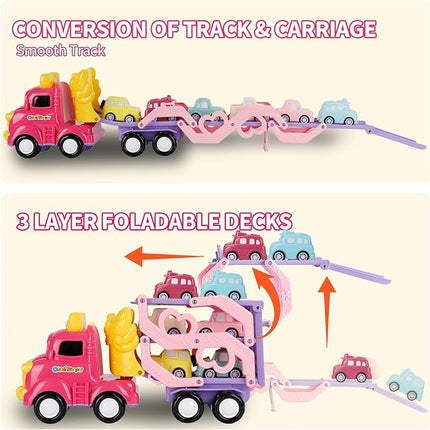 Toddler Girls Cars for 1 2 3 4 5 Year Old,7-in-1 Pink Princess Foldable Transport Carrier Trucks with Lights and Music,Birthday Presents for 1-3 3-5 Yrs Old Babys