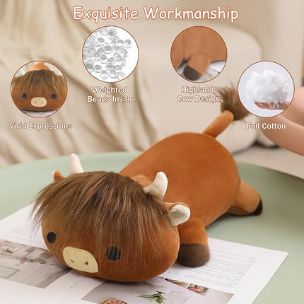 SQEQE Weighted Highland Cow Plush, Weighted Highland Cow Stuffed Animal, Cute Cow Plushies Soft Pillow Toy Gift for Kids Adults 23.6 Inch, 3.1 Lbs