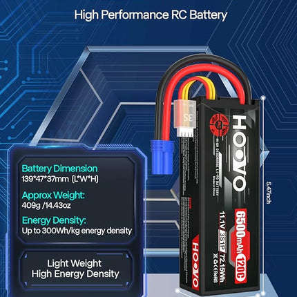 HOOVO 3S 11.1V Lipo Battery 6500mAh 120C RC Lipo Batteries Hard Case EC5 Plug Compatible with 1/8 1/10 Scale Vehicles RC Car Trucks Truggy Boats(2 Packs)