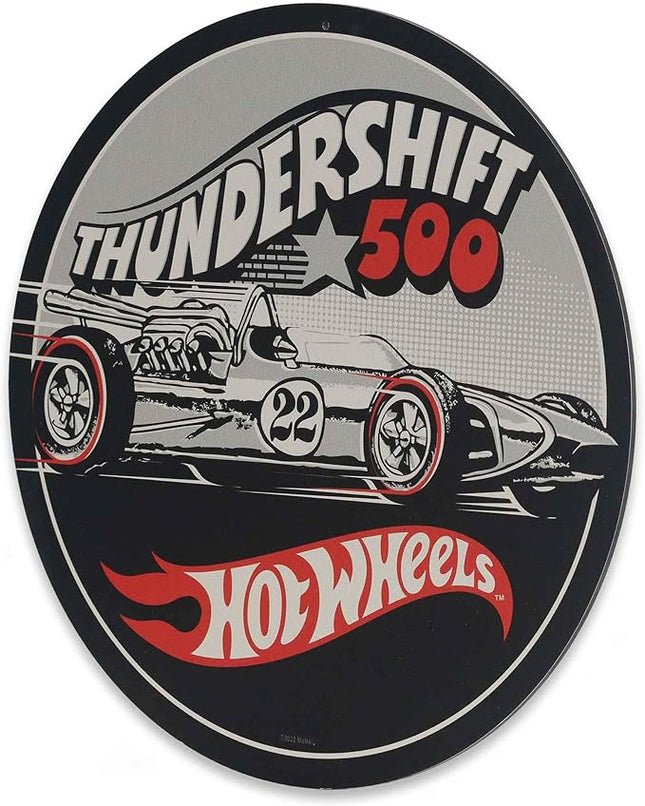 Mattel Hot Wheels Thundershift 500 Round Metal Sign - Vintage Hot Wheels Sign for Kids' Bedroom, Play Room or Man Cave