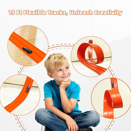 K TOMOTO Flexible Race Car Track 15 Ft, Portable Roll-Up Racetrack Compatible with Hot Wheels & 1/64 Diecast Cars | for Racing Fans Birthday Christmas Gifts with Suction Cup, Orange