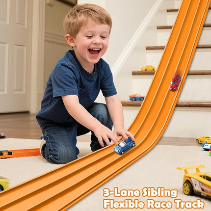 3-Lane Flexible Race Track for Kids 15ft Race Car Track Compatible with Hot Wheels, Matchbox and Diecast 1/64 Scale Cars, Flexible Car Track Race Ramp Toy with Strong Suction Cups