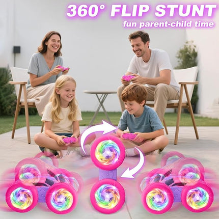 Remote Control Car, RC Cars for Girls, 2.4 GHz Double Sided RC Crawler with Upgraded USB-C Modular Battery, 360°Rotating Car Toys for 6 7 8 9 10 11 12 Year Old Girl Birthday Gift Pink-Purple