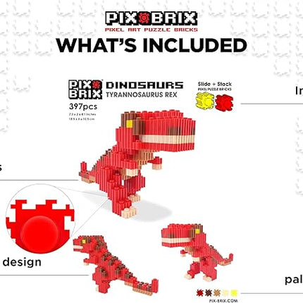 Pix Brix Pixel Art Puzzle Bricks – Dinosaur Series, T Rex – Patented Building Brick Set to Recreate Your Favorite Dino, Includes 397 Pieces – Create 2D and 3D Builds Without Water, Iron or Glue