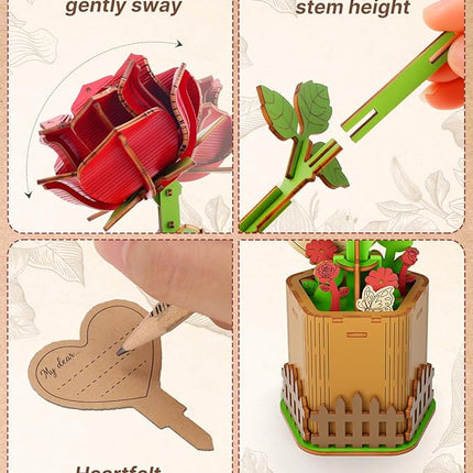 3D Red Rose Wooden Puzzles for Adults, DIY Wooden Flower Craft Kit, Artificial Flowers Model Kit to Assemble for Adults.(3.3 * 3.5 * 8.6in 73PCS)