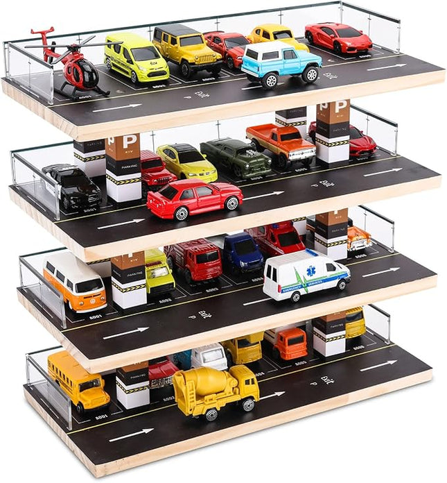 Display Case for Hot Wheels & Matchbox, 1/64 Scale Diecast Toy Car Storage, Parking Garage Diorama - Freestanding Storage with 4 Levels 24 Spots Maximum 40 Cars