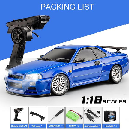 LD1899 1:18 RC Drift Car GTR R34 2.4GHz RWD with Gyroscope on-Road Alloy Body Shell Racing Cars Radio Control (Blue)