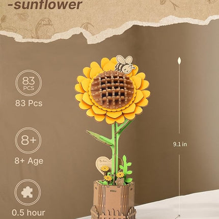 3D Sunflower Wooden Puzzles for Adults,DIY Wooden Flower Craft,DIY Wooden Flowers Model Kit Building Set Craft for Adults to Build.(3.9 * 3.6 * 9.1in 86PCS)
