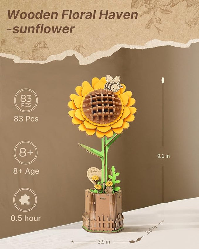 3D Sunflower Wooden Puzzles for Adults,DIY Wooden Flower Craft,DIY Wooden Flowers Model Kit Building Set Craft for Adults to Build.(3.9 * 3.6 * 9.1in 86PCS)