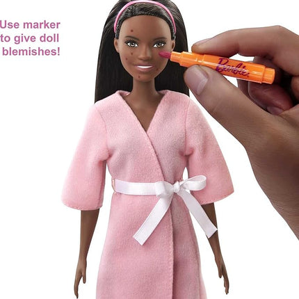 Barbie Face Mask Spa Day Playset with Brunette Doll, Puppy, Toy Spa Station with 4 Molds, 3 Tubs of Barbie Dough & 10+ Accessories to Create & Remove Face Blemishes on Doll & Puppy, for Kids