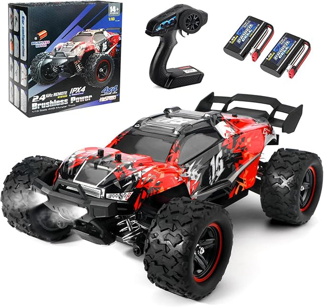 1/18 Brushless RC Car for Adults & Kids, 52KM/H Fast Multi-Terrain Off-Road RC Truck, 2.4GHz Remote Controller and 2 x 7.4V 1500mAh Li-on Batteries
