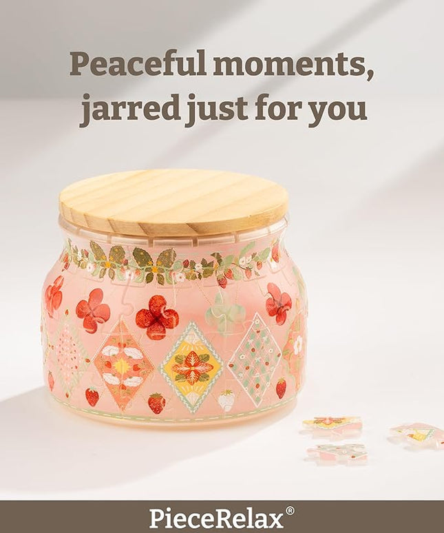 PieceRelax 3D Puzzle Jar 64 Plastic Pieces for Adults - Sweetness of Strawberry Wooden Lid Container for Kitchen Dining Study Living Room No Glue Requied Small [BC1026]