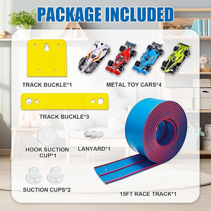 Flexible Race Track Toys for Kids, 15 Ft Double Lane Racetrack with 4 Cars & Suction Cups, Compatible with Hot Wheels & 1/64 Diecast Cars, Portable Roll Up Car Ramp Track Set for Ages 3+(Blue & Red)