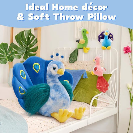 MorisMos Plush Peacock Stuffed Animal with 3 Baby Bird Plush Toys,18''Mommy Peacock Toys for Girl Boy Kid,Realistic Bird Stuffed Animals Gift for Birthday Decor Baby Shower Christmas,CE/CPC Certified